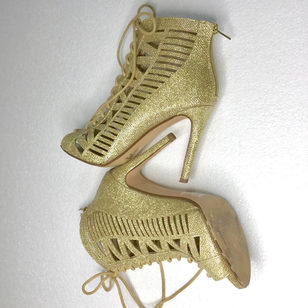 Gold Lace Up High Heel Cutout Bootie Sandals Sz 8
